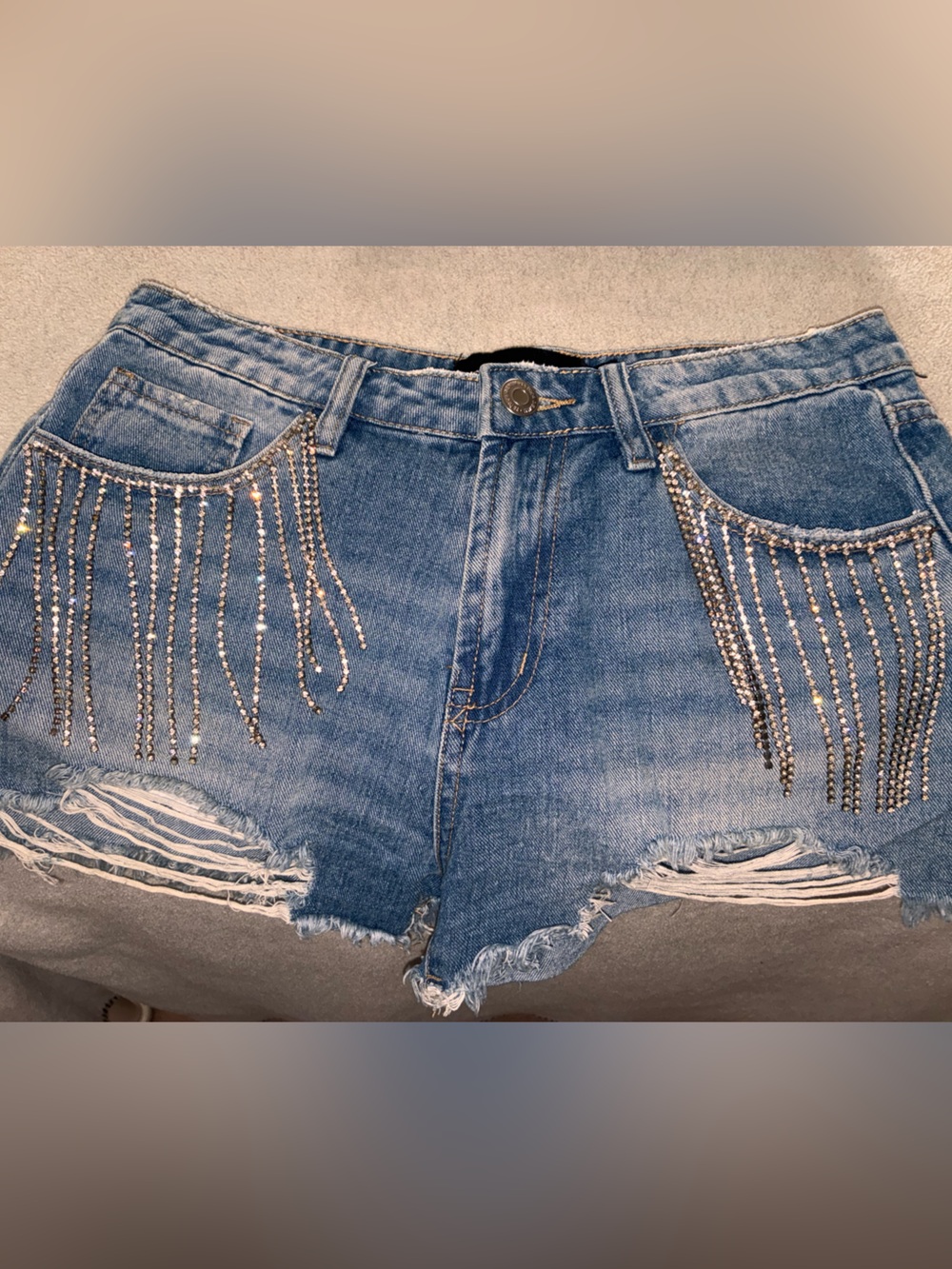 Rhinestone Fringe Denim Cutoff Shorts - Blue